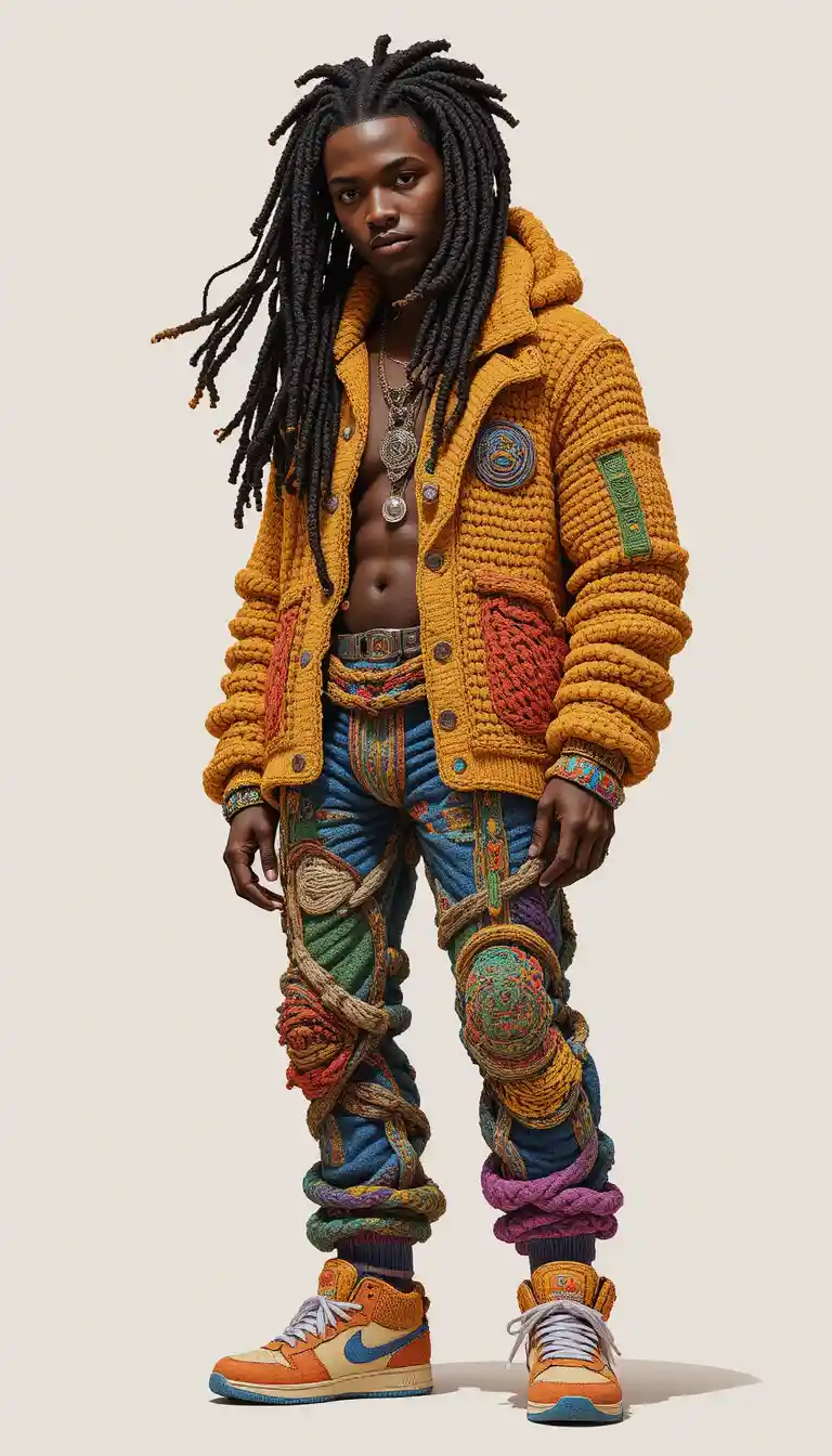 Afrofuturistic crochet man in bold full body vector design
