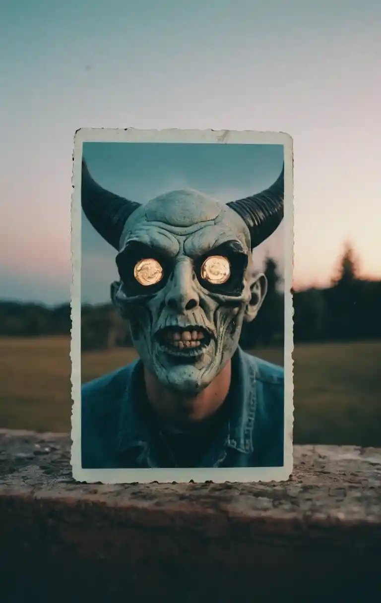 Retrato demoníaco em close em estilo de foto vintage rachada