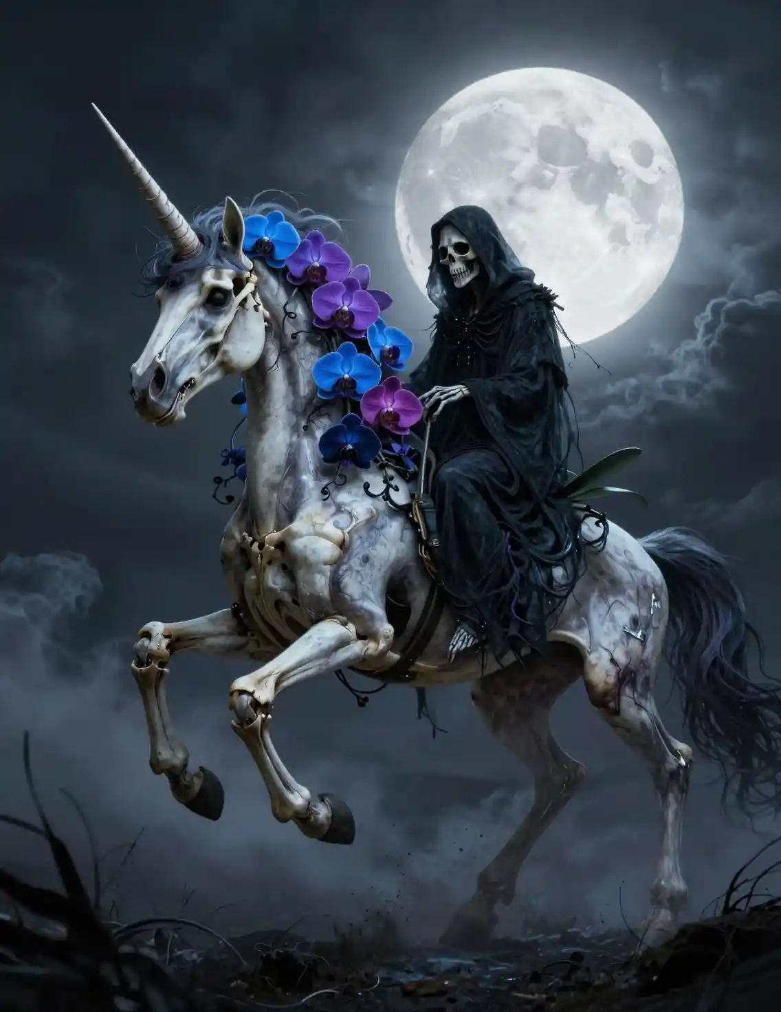 Licorne squelettique avec bouquet d’orchidées sous une pleine lune lumineuse