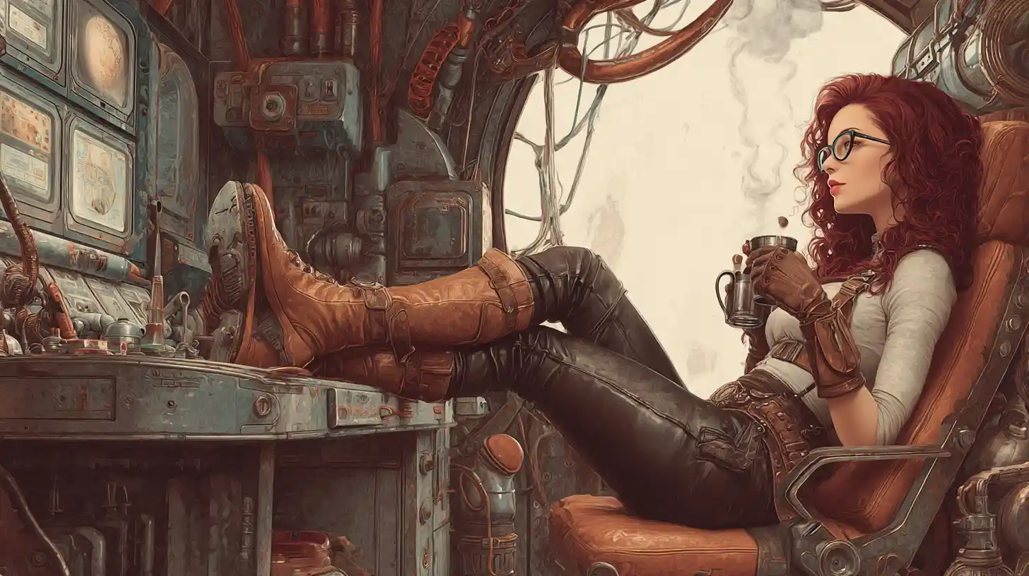 Steampunk woman relaxing in an old spaceship cockpit