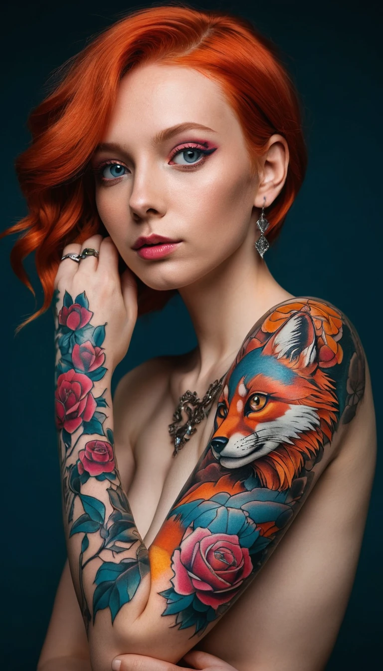 Confident tattooed redhead woman posing in studio light