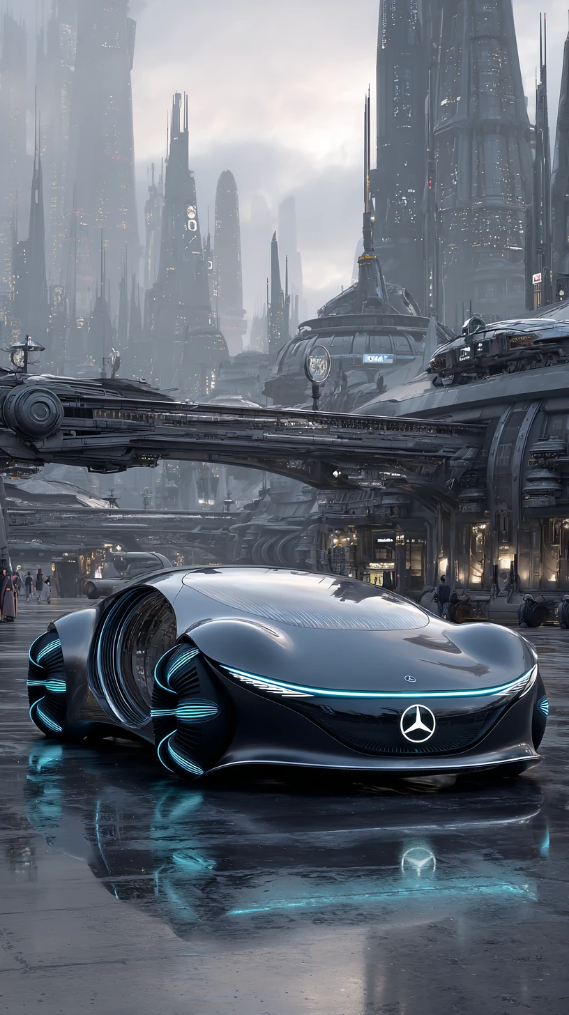 Carro Conceito Futurista Preto Flutuando Sobre a Cidade