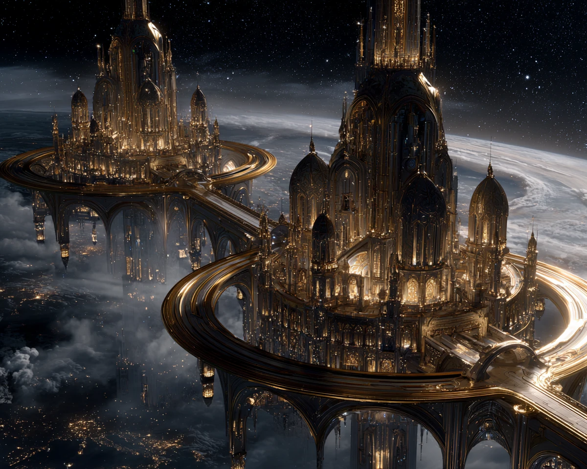 Cidadela Espacial Dourada Futurista Sobre um Planeta Crepuscular