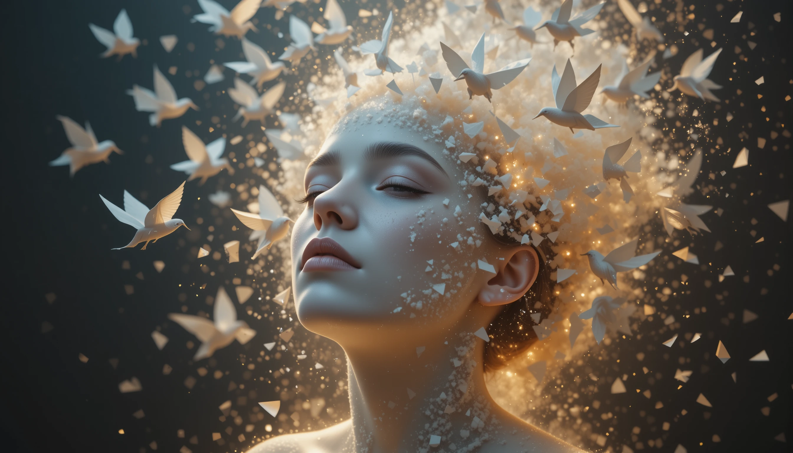 Surreal woman dissolving into birds and glowing dust