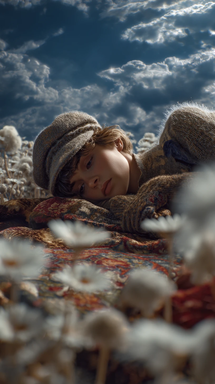 Woman resting on blanket in frozen daisy field at dusk
