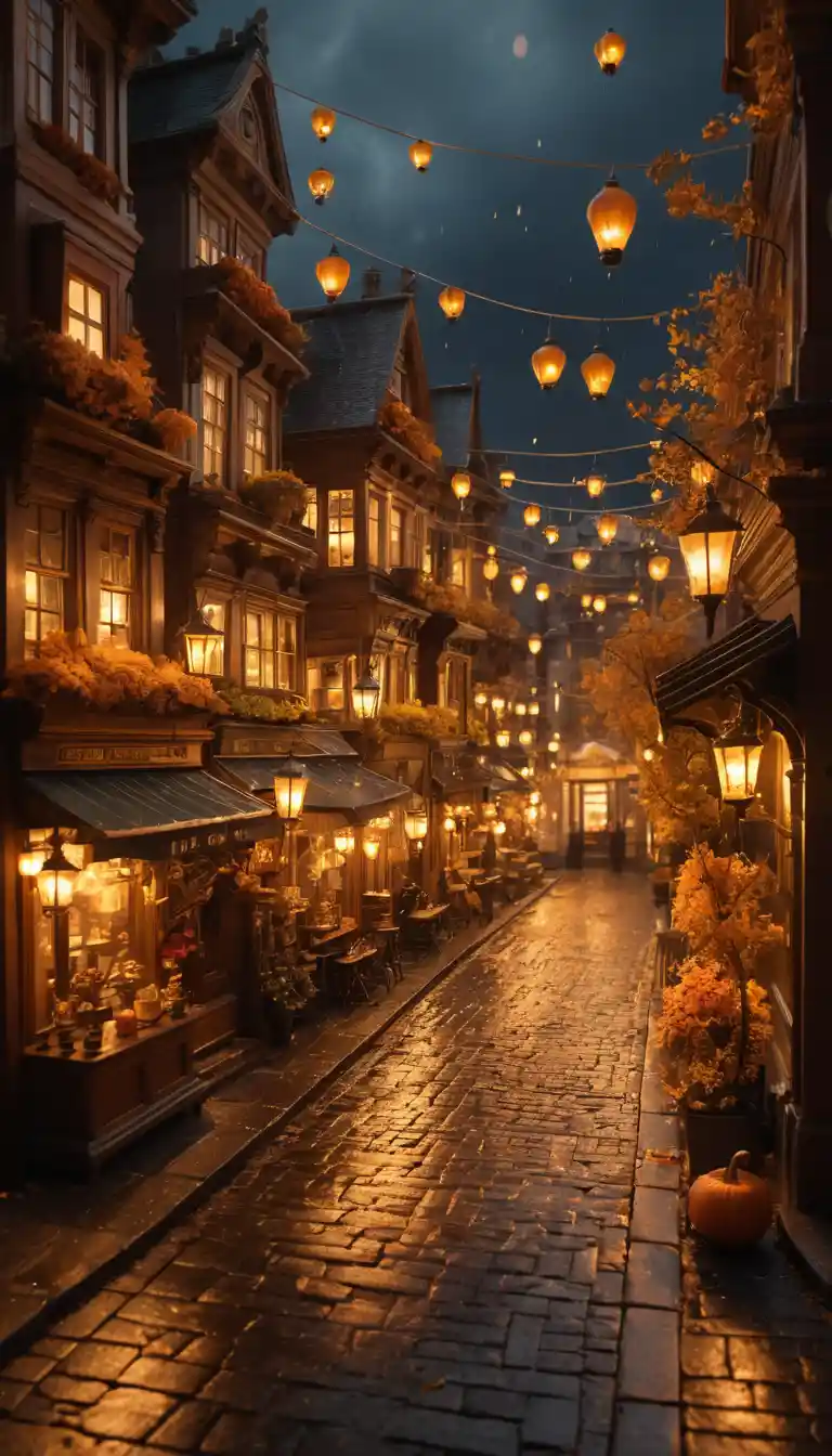 Whimsical miniature city under glowing autumn desk lamp