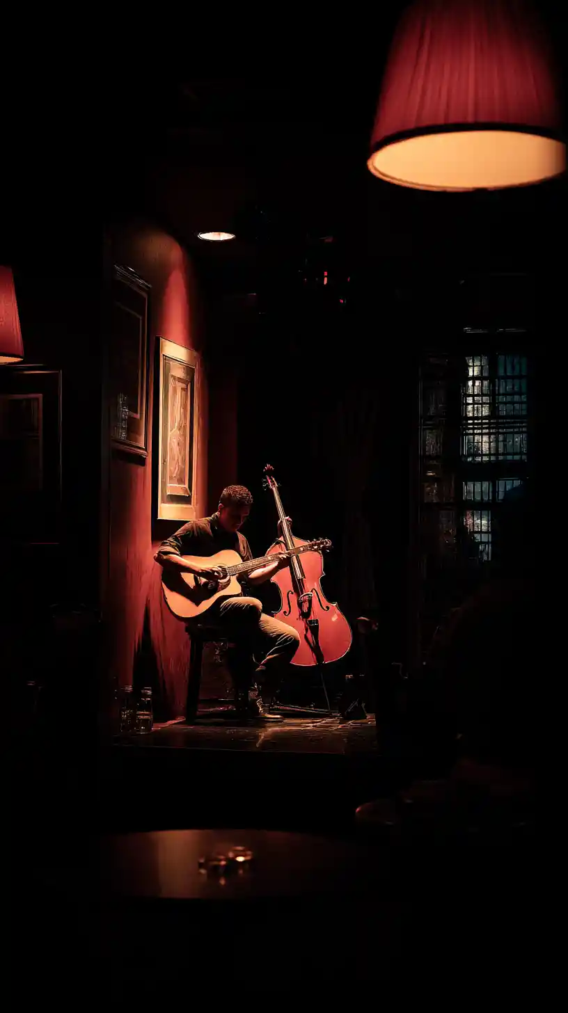 Solomusiker auf der Bühne in einem schwach beleuchteten Jazzclub