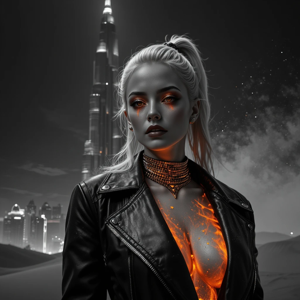 Neo-Noir-Frau unter dem Burj Khalifa um Mitternacht