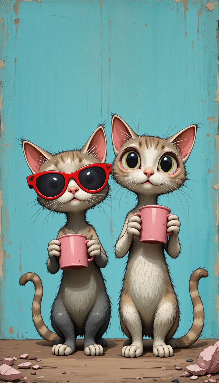 Chats de dessin animé décalés avec mugs roses sur fond bleu