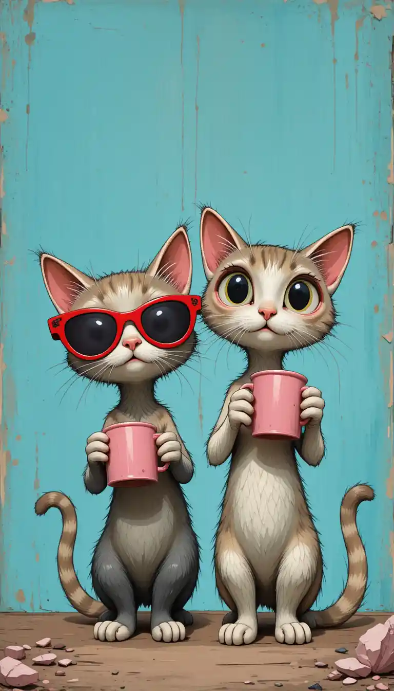 Chats de dessin animé décalés avec mugs roses sur fond bleu