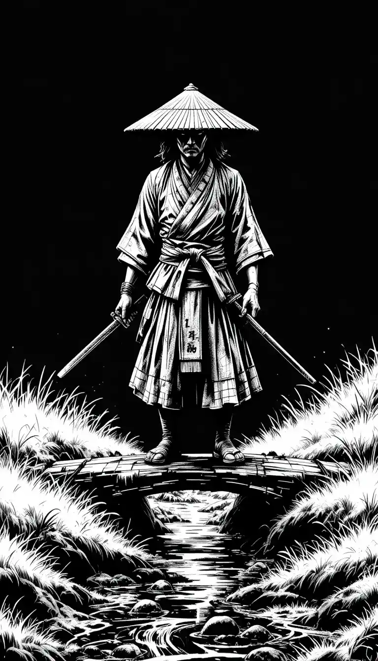 Samurai em uma ponte de madeira sobre um riacho refletivo