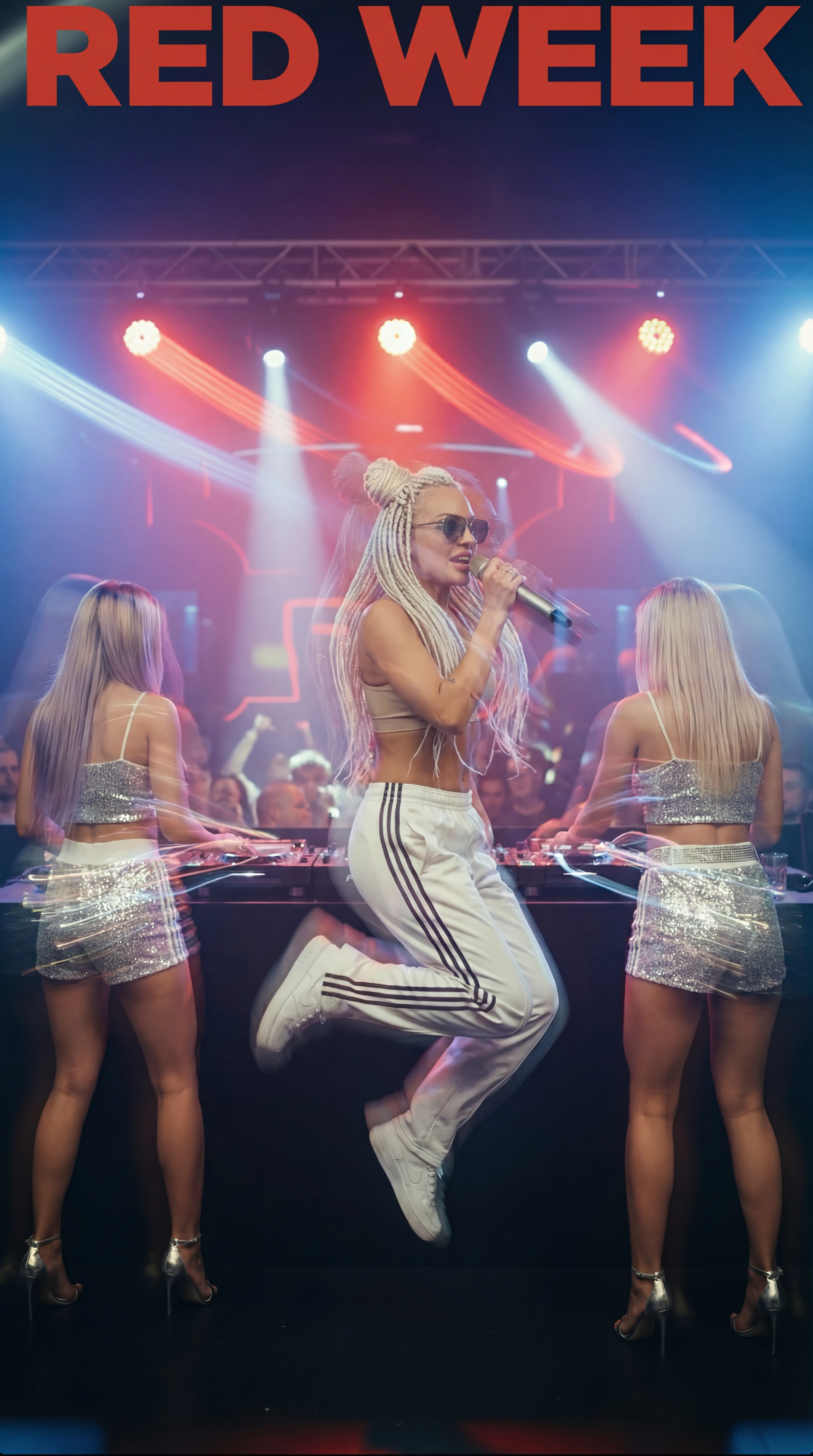 Garota energética cantando no palco em uma festa de clube