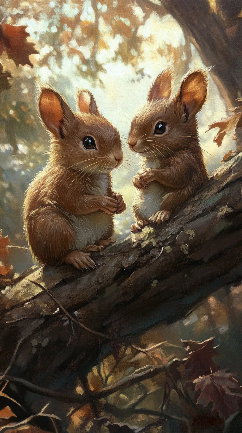 Dois esquilos marrons em um galho em uma floresta cintilante
