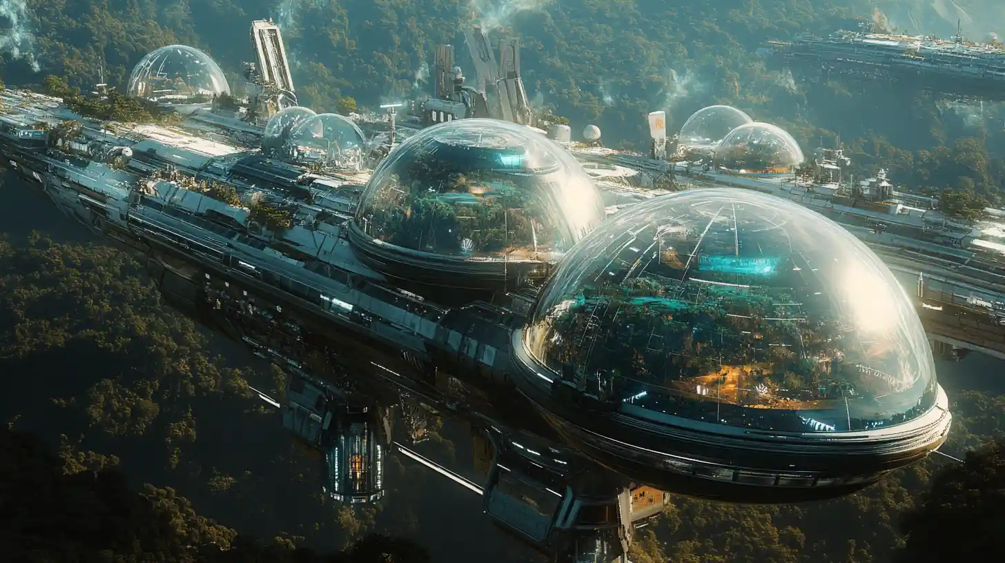 Colossal generation starship carrying domed ecosystems in space
