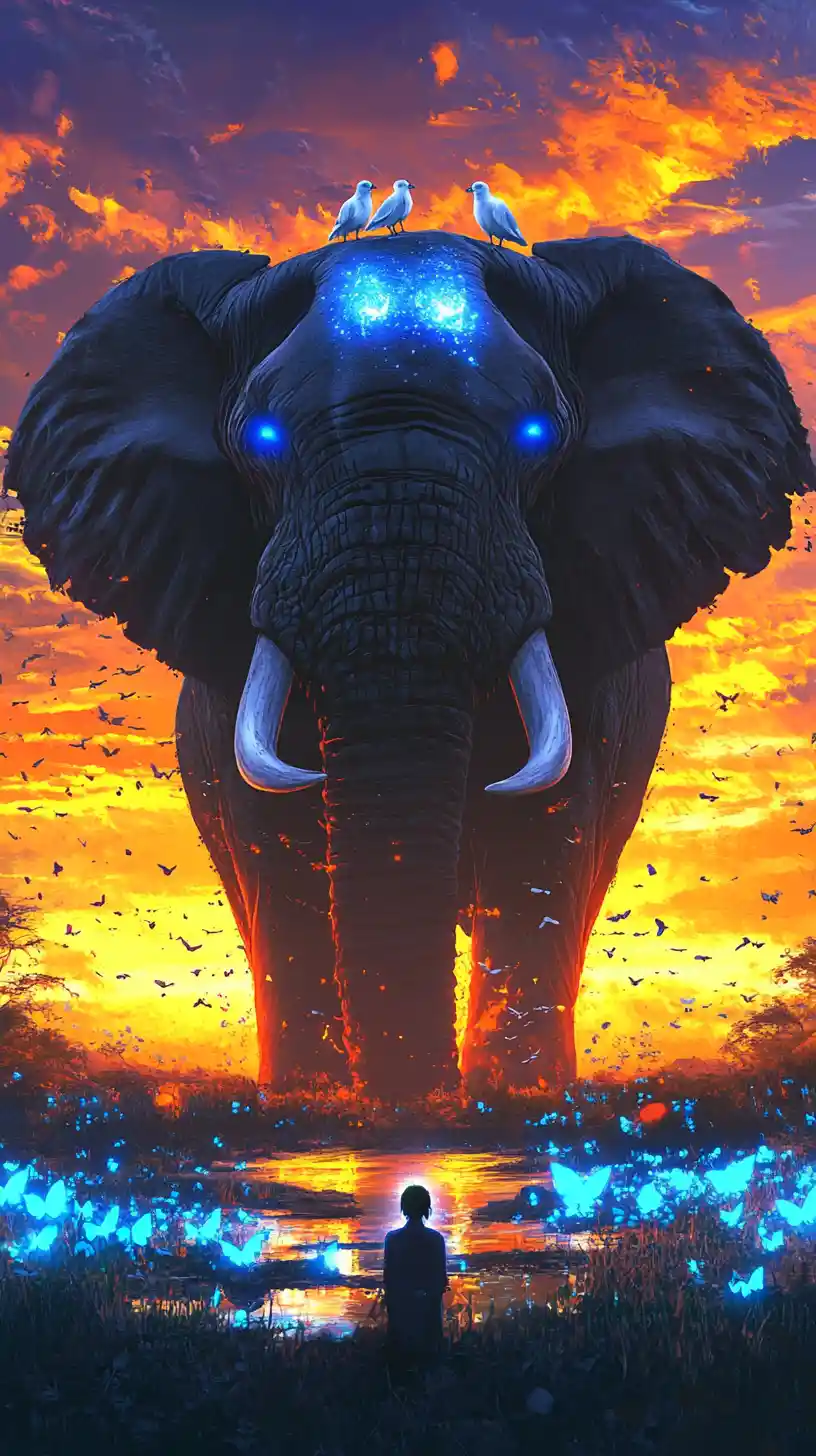 Éléphant colossal à l’aube lumineuse de la savane avec minuscule observateur
