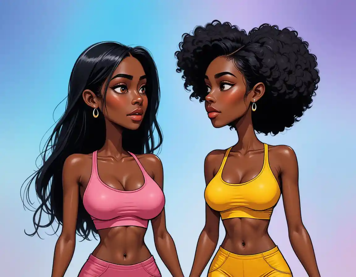 Two young women walking against blue and purple gradient