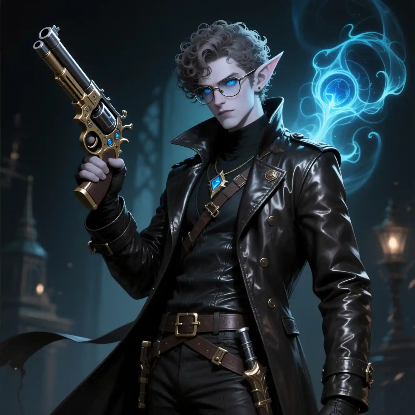 Dark elf artificer woman with arcane firearm and glasses