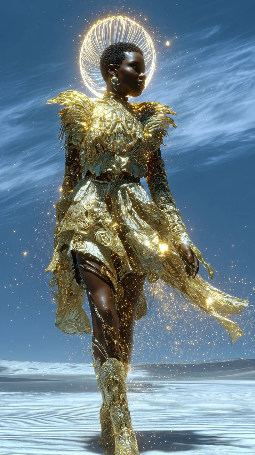 Imperatrice afrofuturista che cammina tra dune di vetro luminose