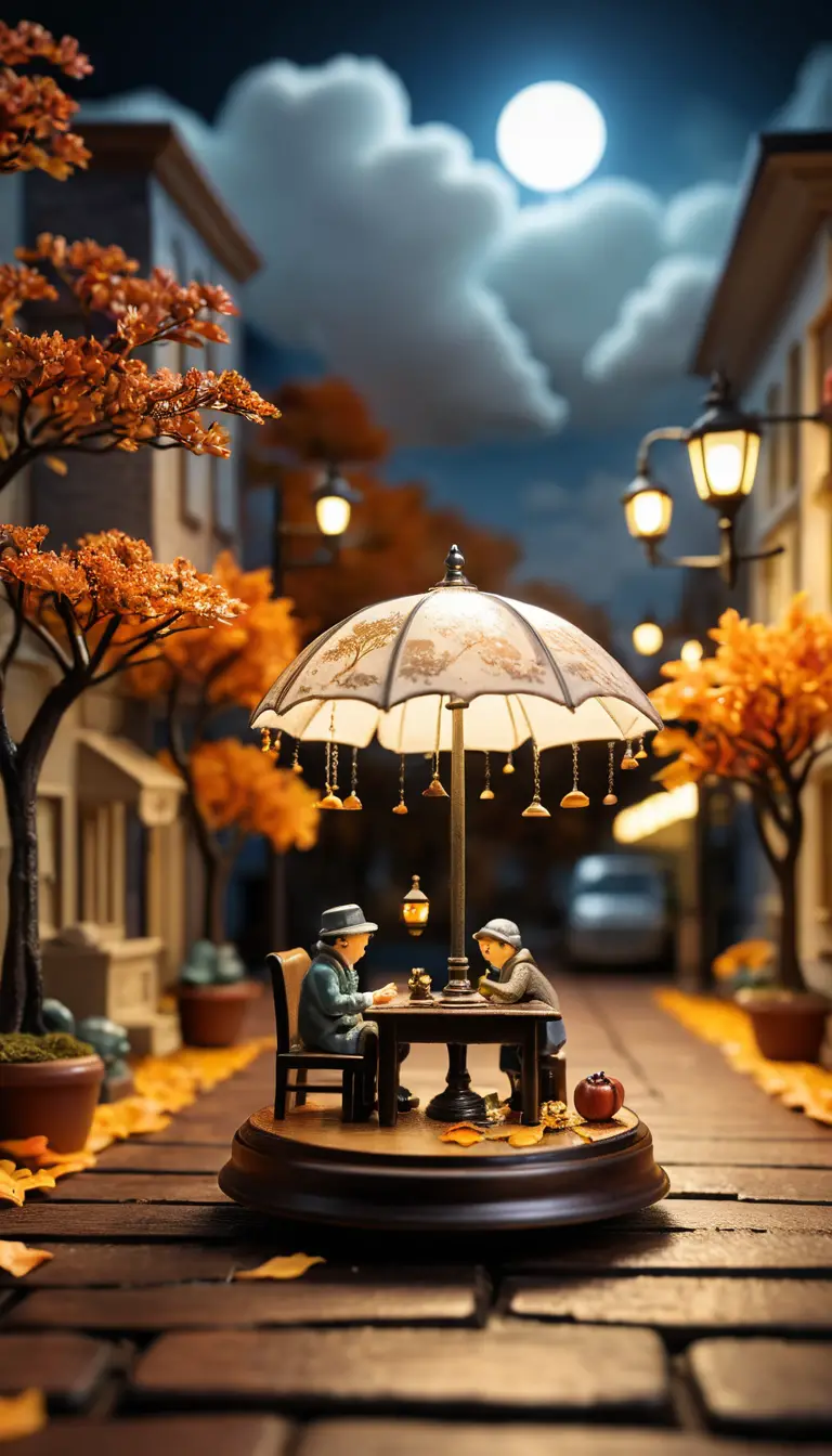 Antique desk lamp illuminating a tiny futuristic miniature world
