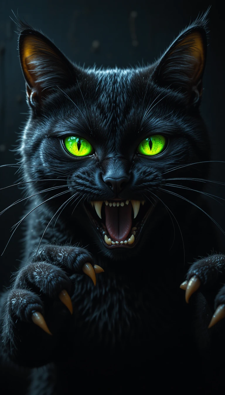 Chat noir menaçant de dessin animé avec des yeux vert citron lumineux