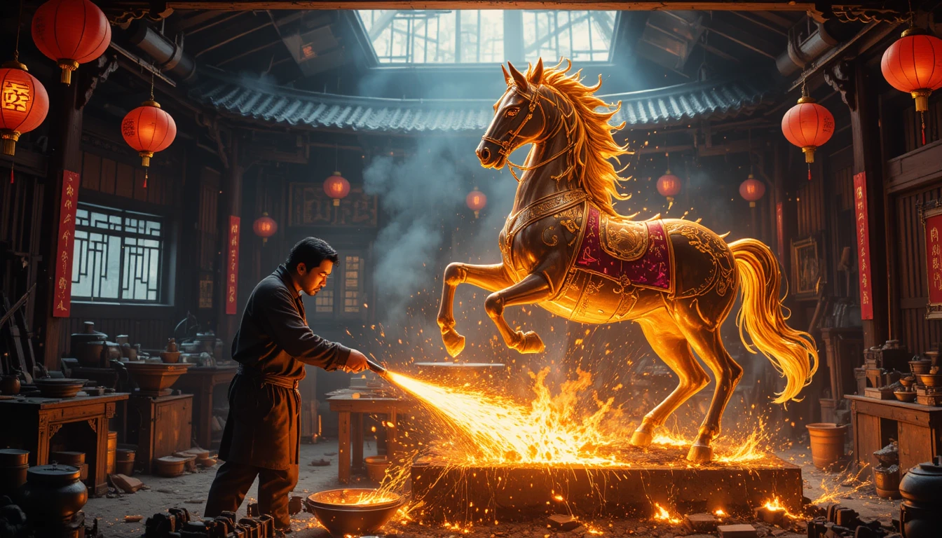 Blacksmith Forging A Golden Horse Statue In Fiery Forge