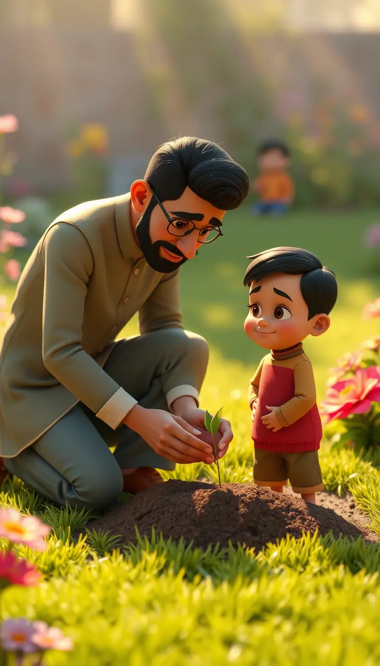 Vater und Sohn pflanzen einen Samen im sonnigen Garten