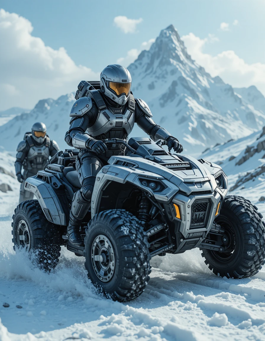 裝甲科幻騎士駕駛 ATV 飆馳穿越雪山