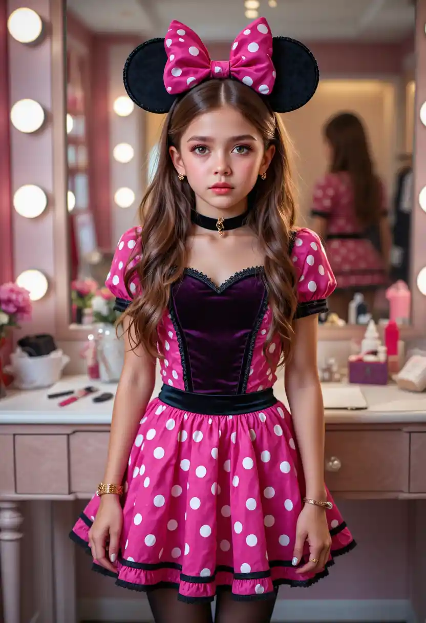 Anxious tween boy dressed as Minnie Mouse at vanity
