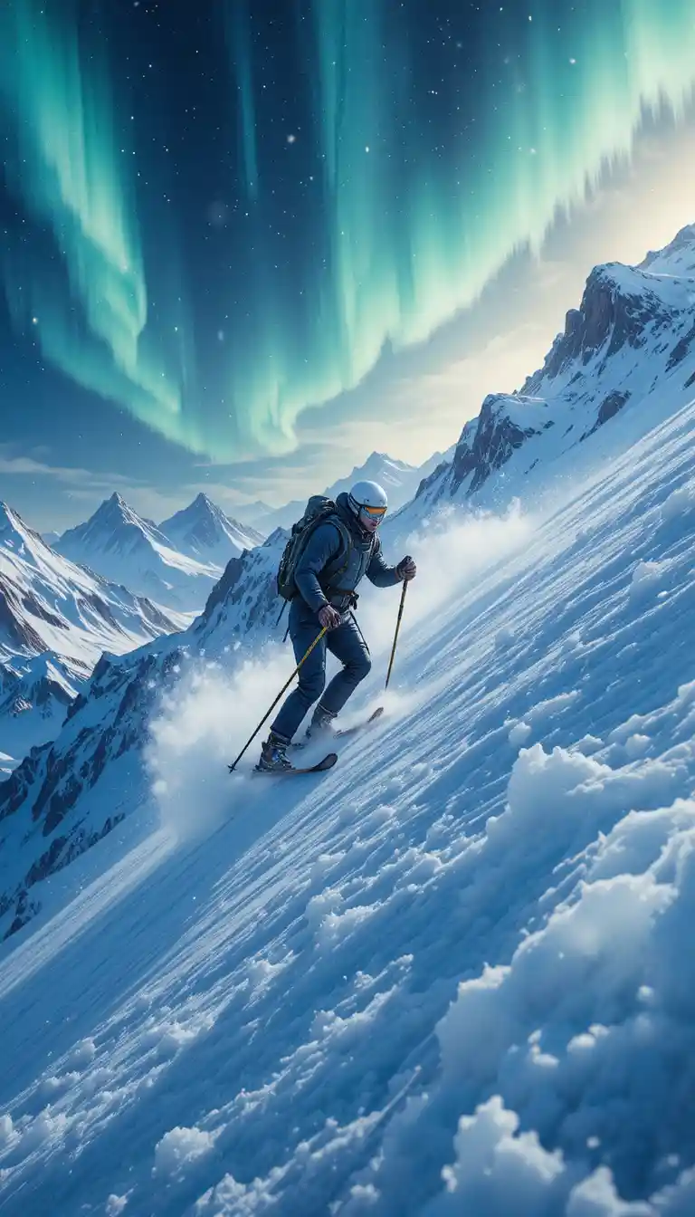 Futuristic skier racing down icy mountain under aurora