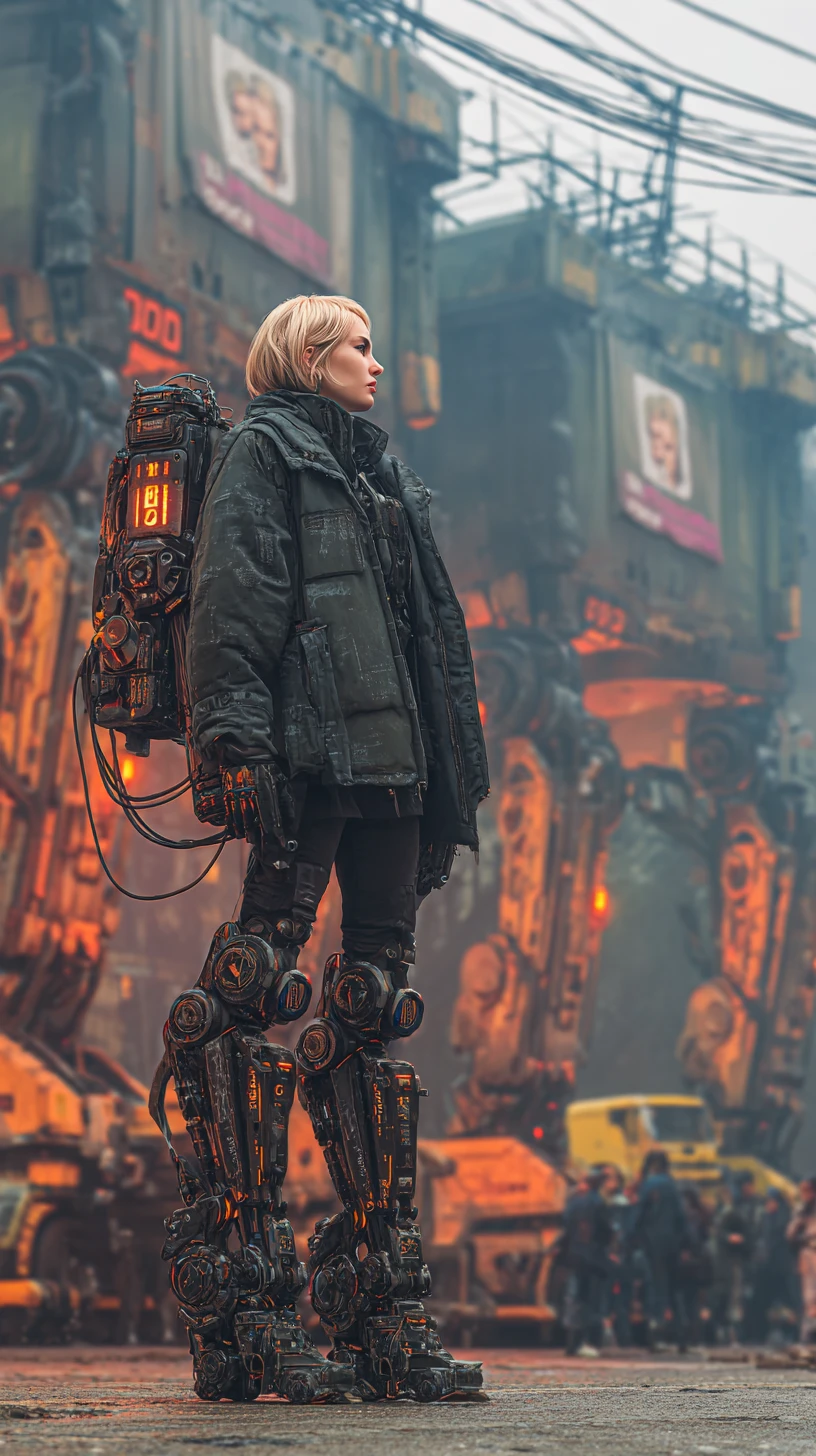 Cyberpunk warrior with exoskeleton legs in Moscow street