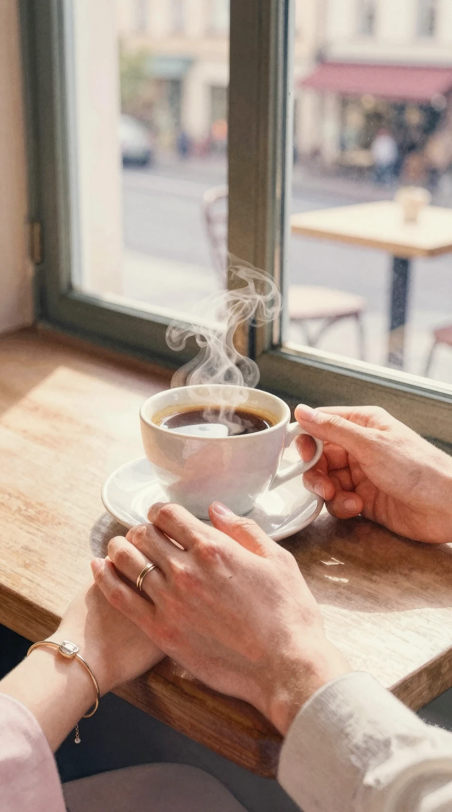 Aquarelle en gros plan de mains enlacées au-dessus d’un café fumant