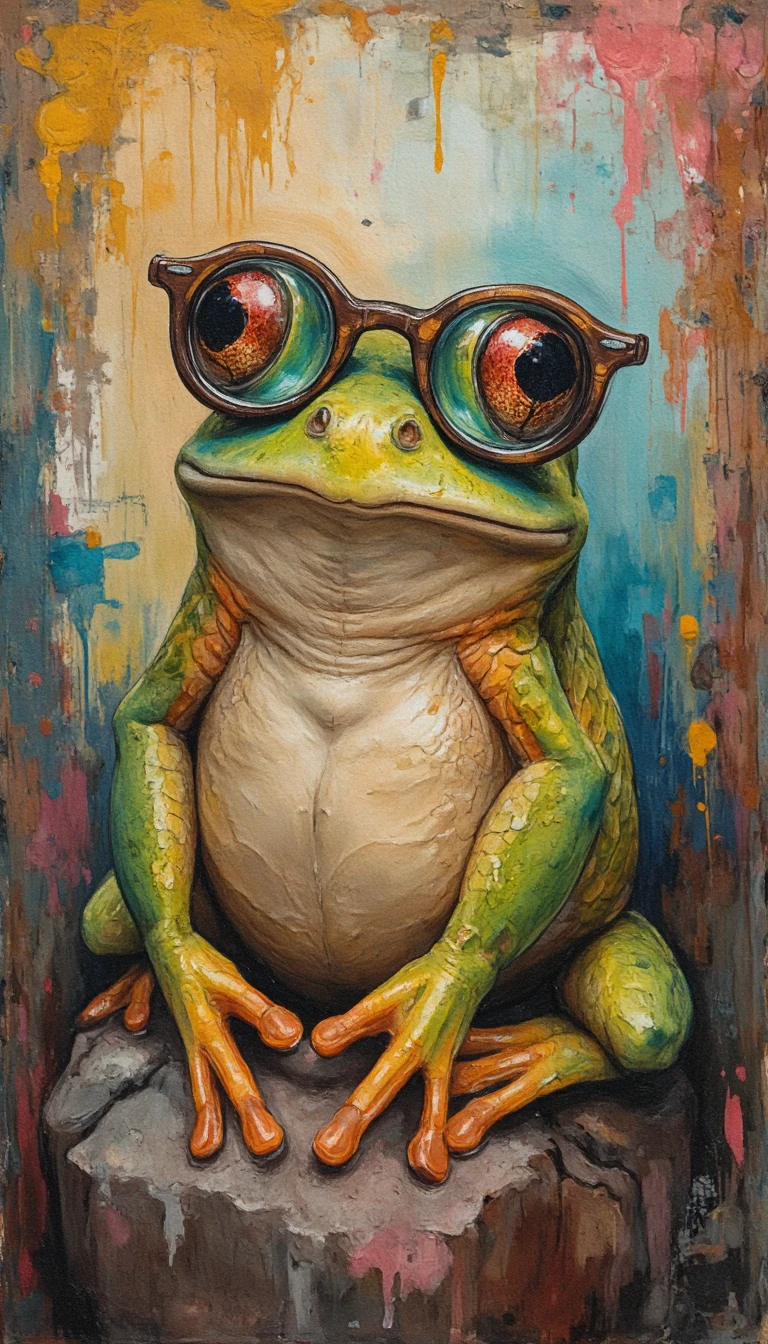 Grenouille Aquarelle Fantaisiste avec Lunettes dans un Monde de Pierre Fantastique