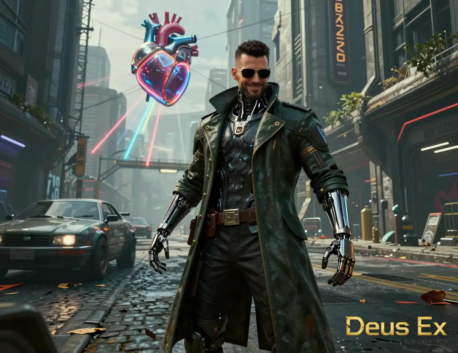 Détective Augmenté dans une Rue Cyberpunk avec Cœur Néon Flottant