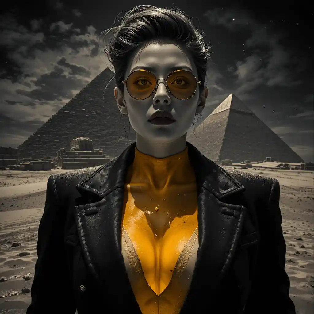 Noir femme fatale before the Great Pyramid at night