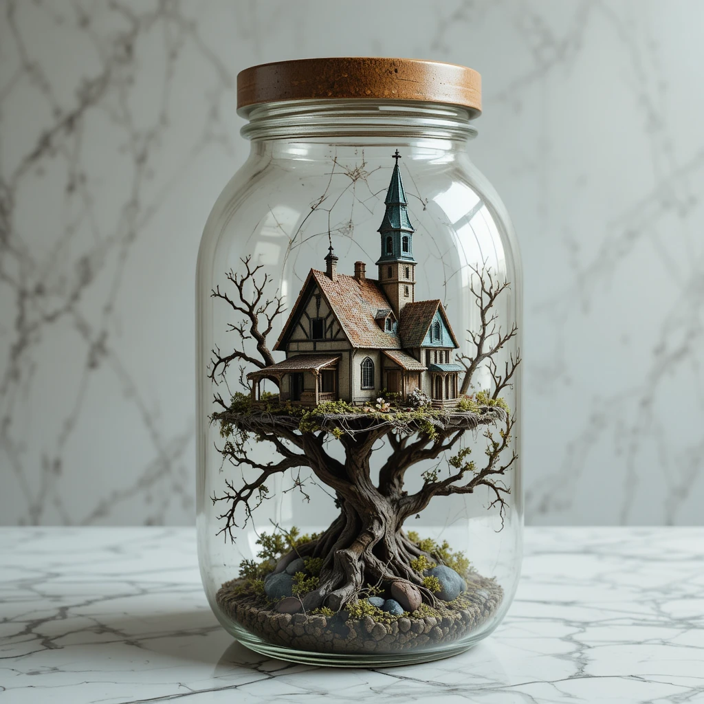 Miniaturhaus und Kirche im Glasgefäß auf Baumästen