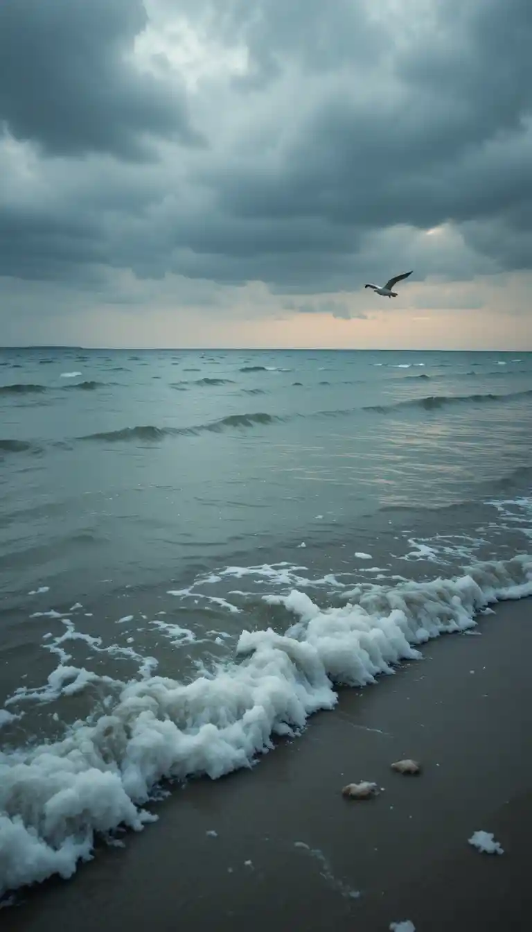 Paisagem marítima sombria com gaivota solitária sobre águas poluídas