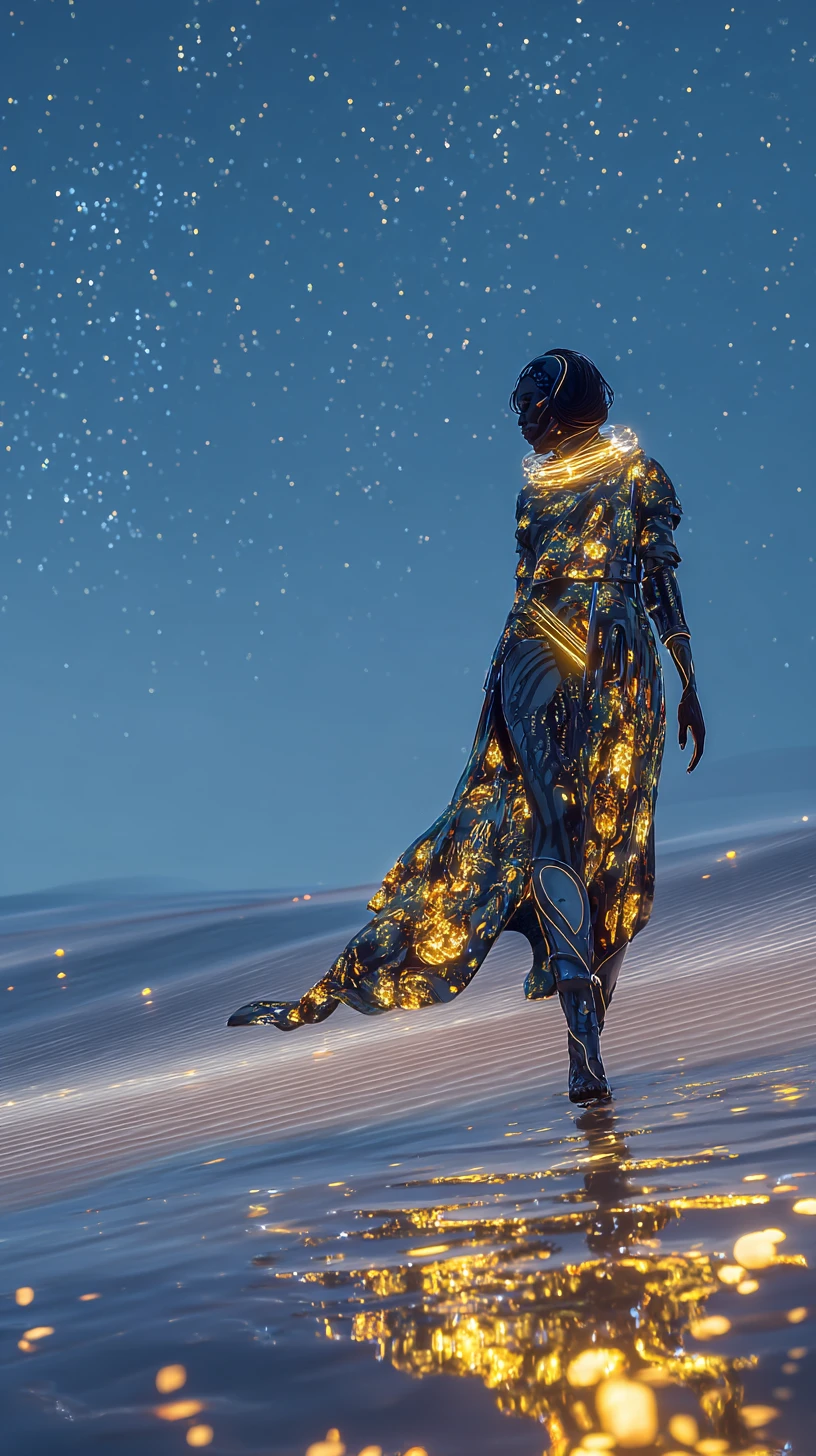 Afrofuturist empress walking across glowing black glass dunes