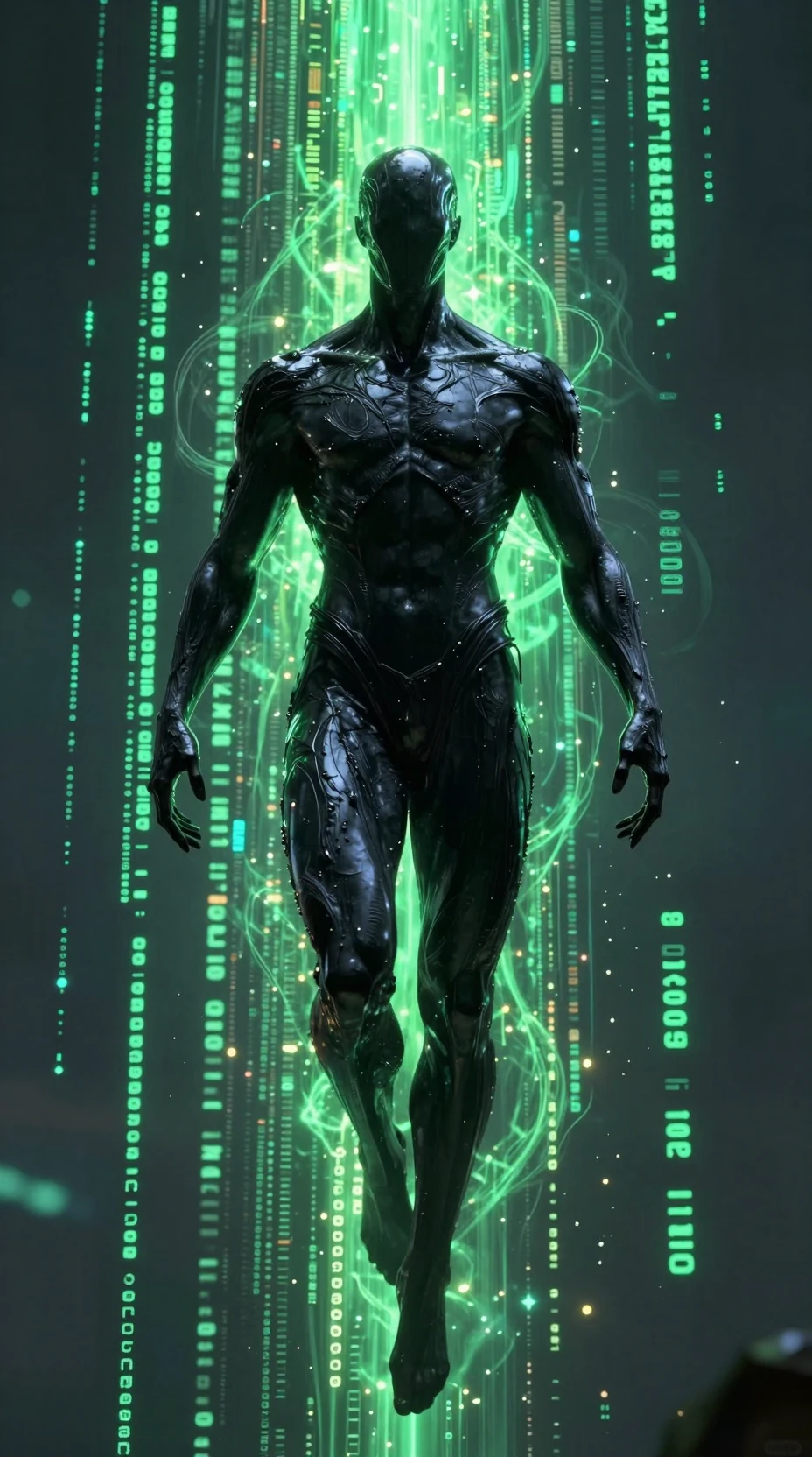 Divine obsidian figure in glowing digital code realm