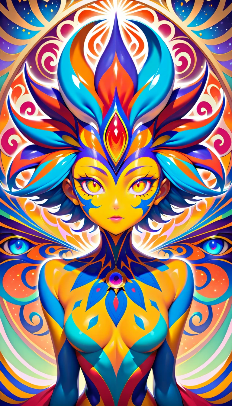 Portrait de bouffon cosmique avec masque kaléidoscope et aura fractale