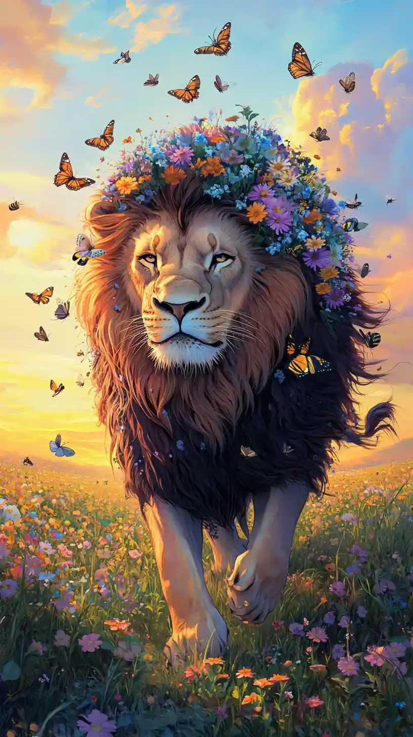 Leone con criniera di fiori selvatici che attraversa un campo tranquillo