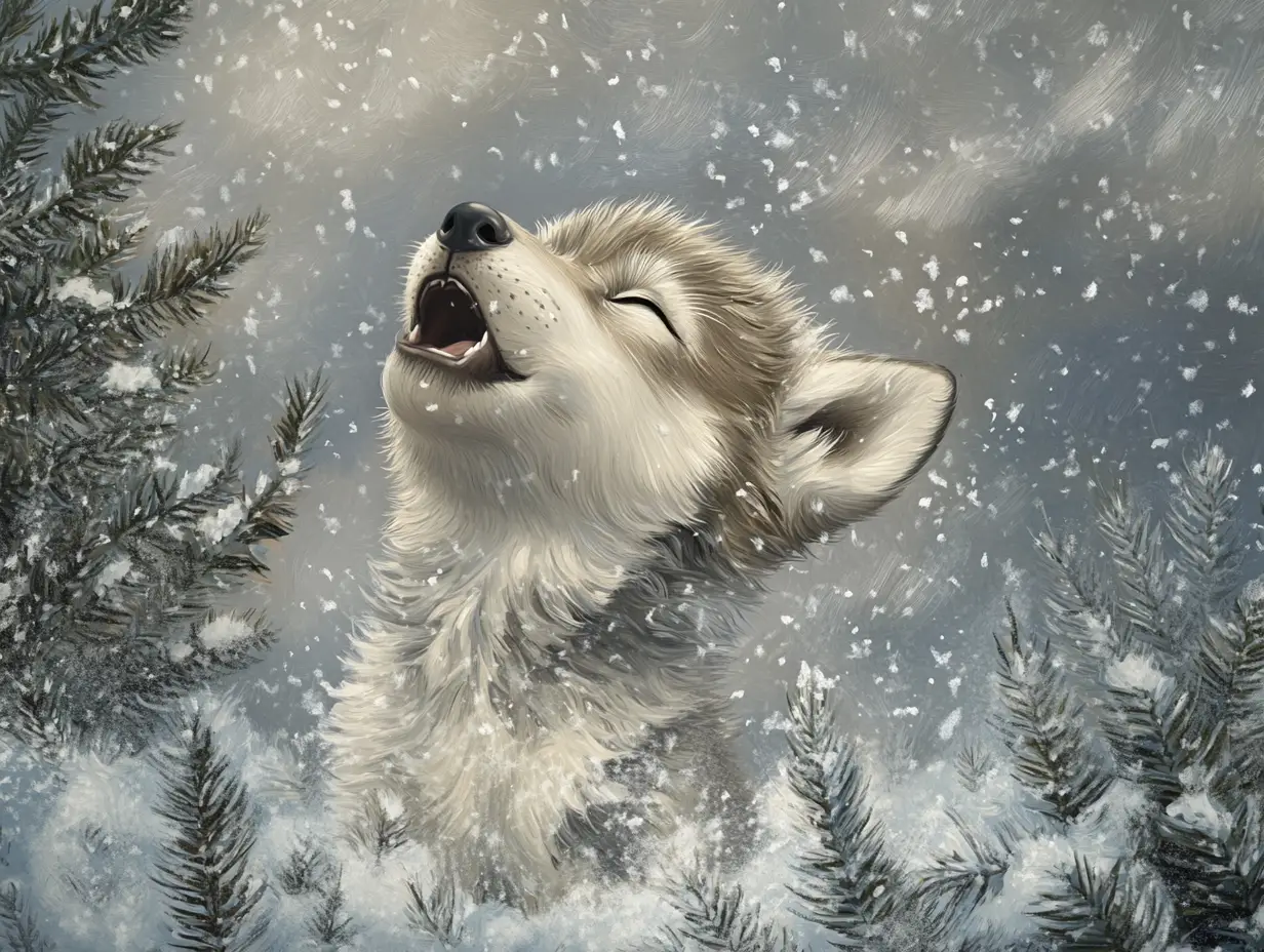 年輕的狼在雪地泰加風暴中輕聲嚎叫