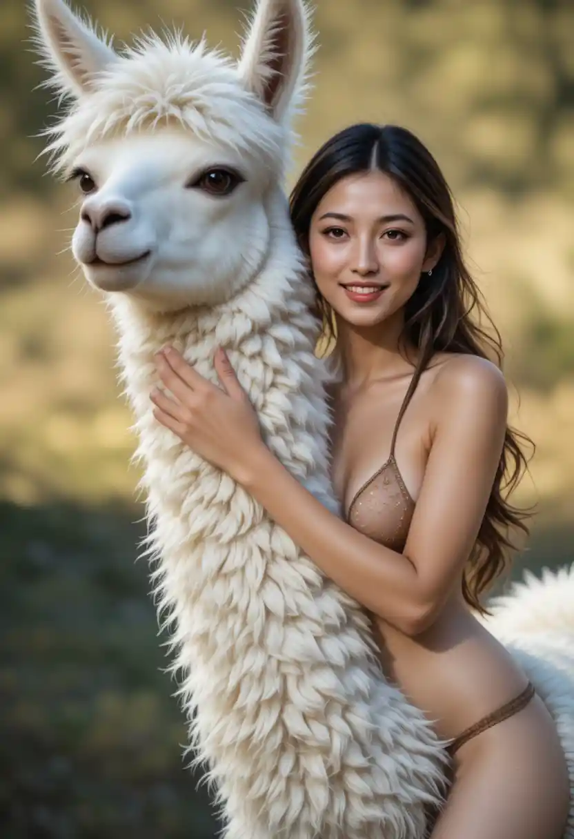 Smiling woman hugging a fluffy white llama outdoors