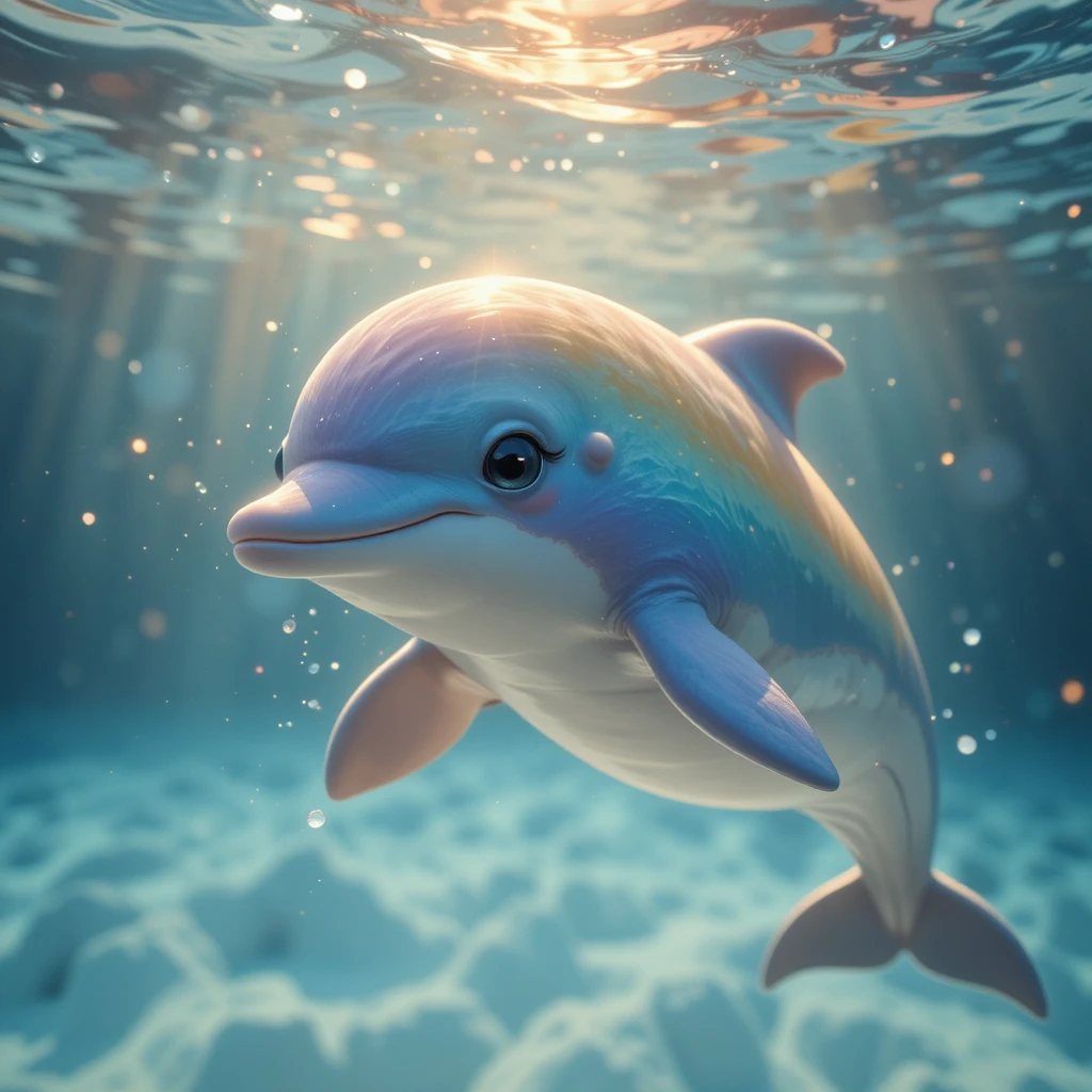 Photorealistic rainbow dolphin swimming in calm clear ocean