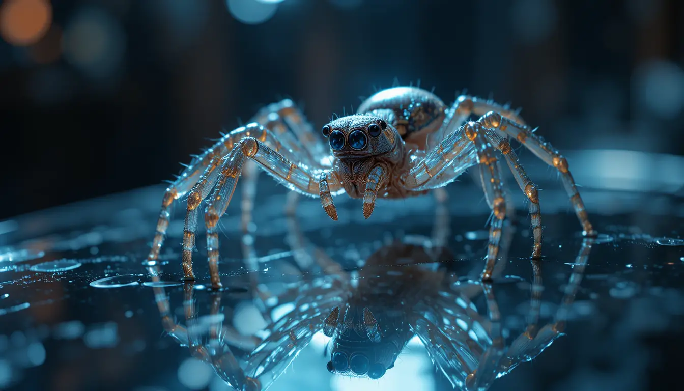 Araña reflejada en superficie vítrea surreal con inquietante doble