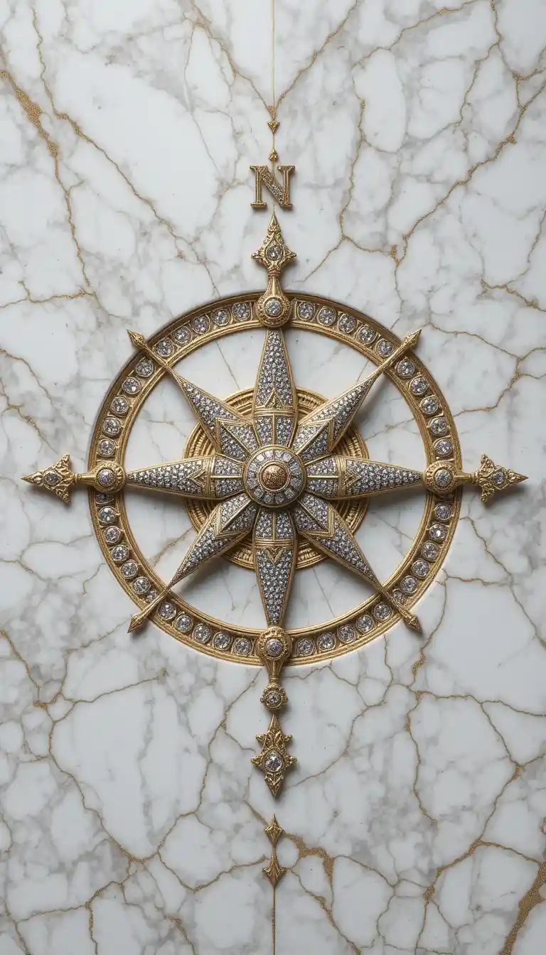 Compass rose inlaid in white marble with diamonds