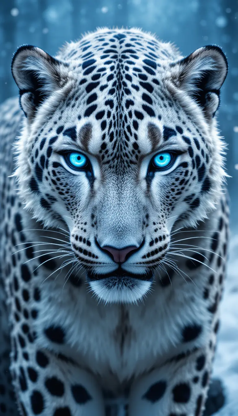 Snow leopard close up with fierce blue eyes and rosettes