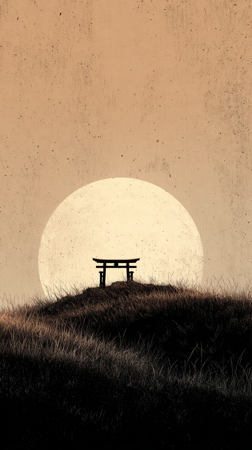 광막하고 옅은 보름달을 배경으로 선 외로운 도리이