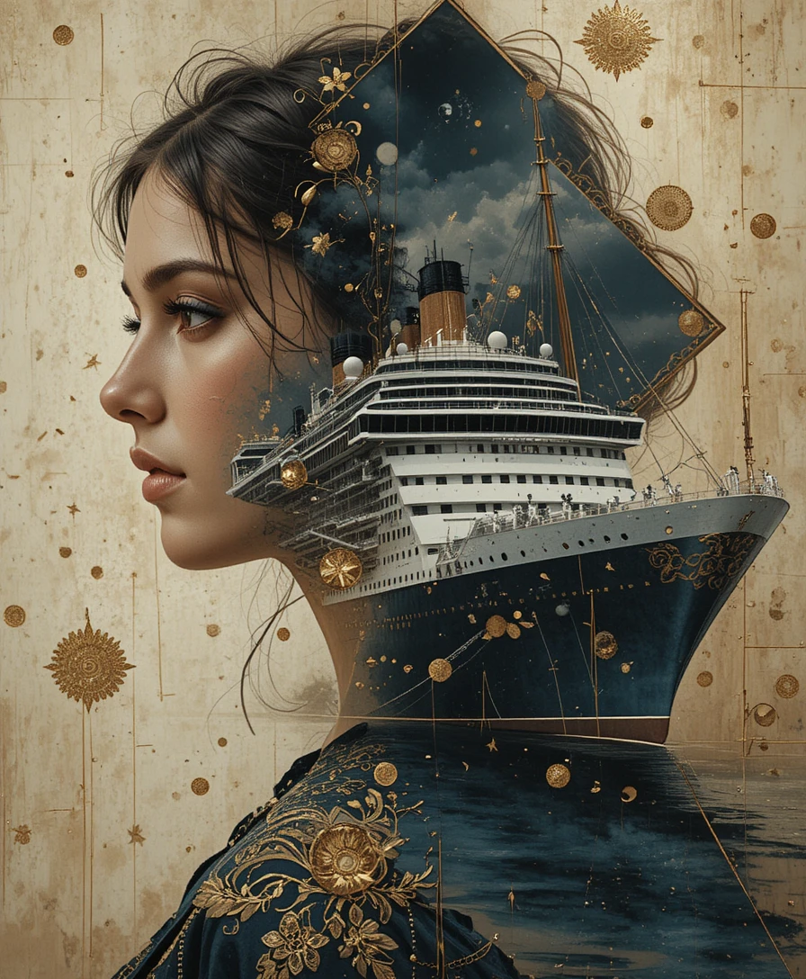 Dreamy Double Exposure Portrait Of Girl And Cruise Ship