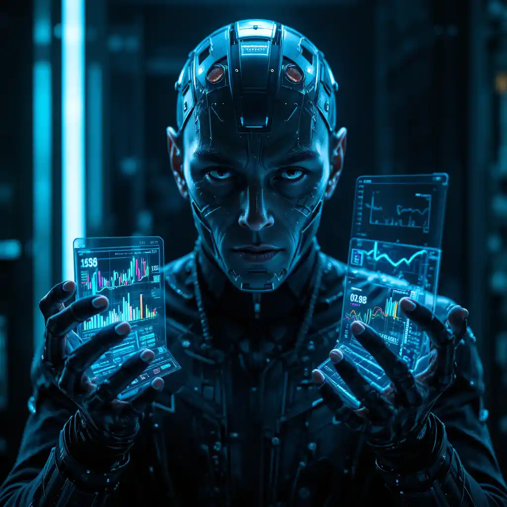 Fortschrittlicher Android mit holografischen Trading-Screens in der Dunkelheit