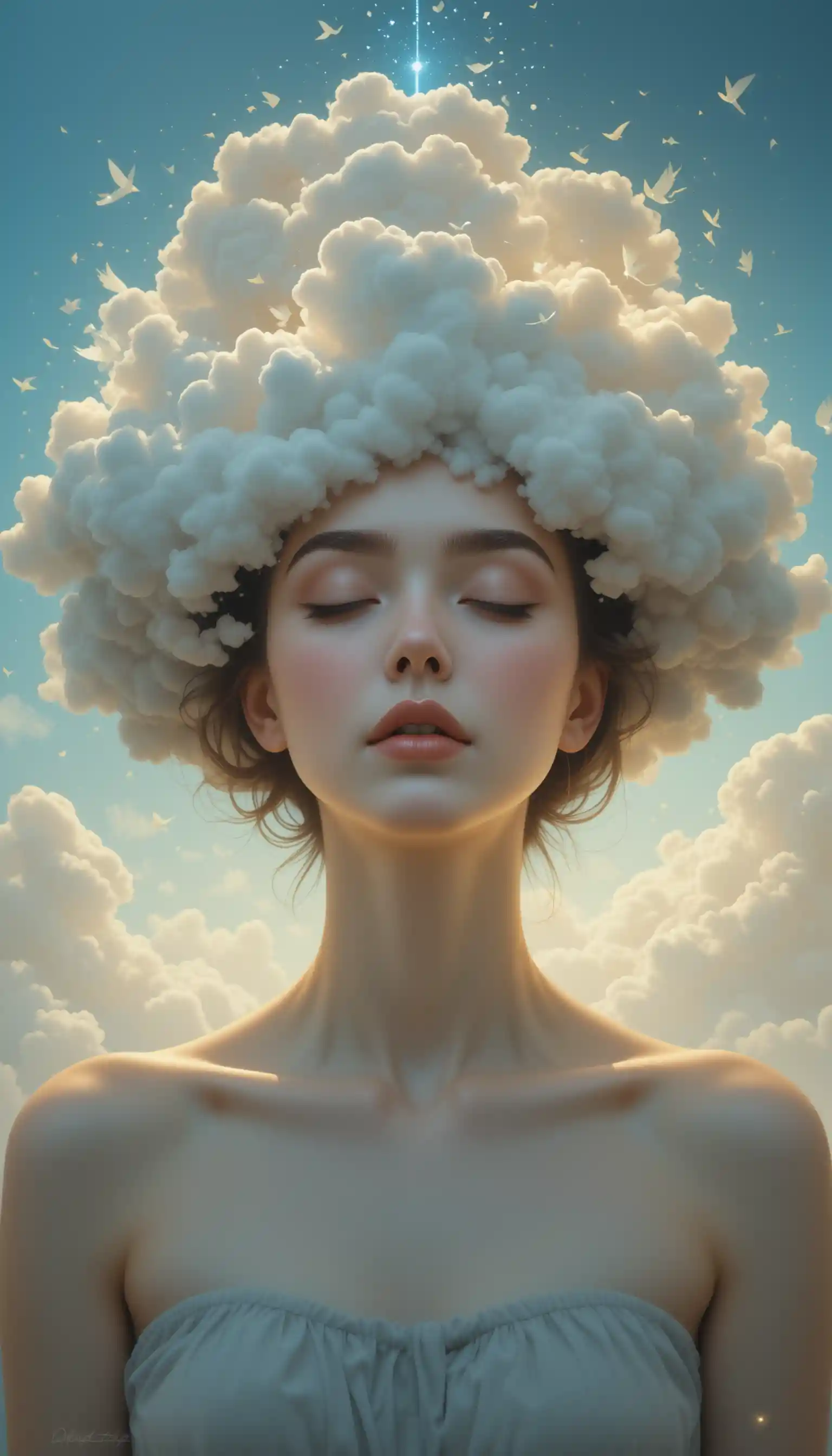Femme surréaliste à tête de nuage en portrait calme et méditatif